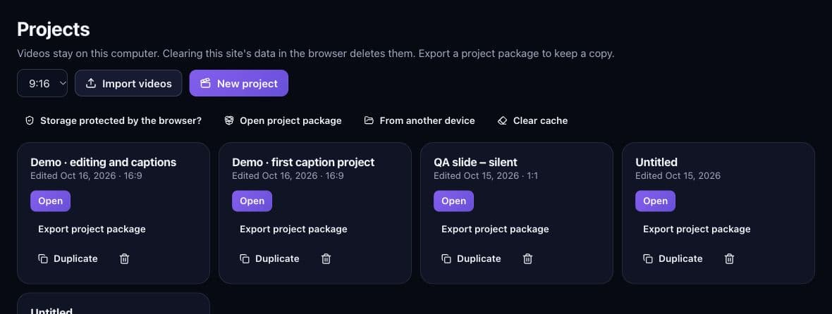 Pantalla Proyectos de PromptFy Web con acciones para abrir y exportar paquetes.