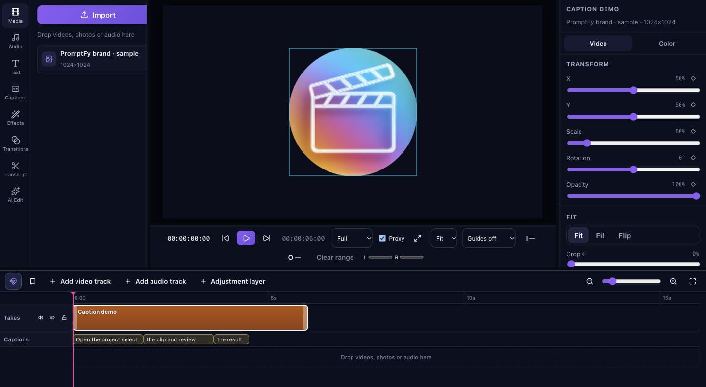 PromptFy Web timeline with a selected demo clip, preview, and transform inspector.