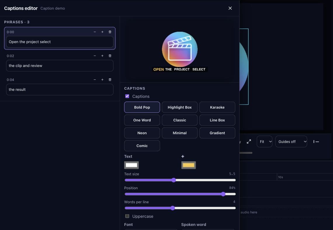 Editor de subtítulos de PromptFy Web con frases editables, vista previa y estilos.