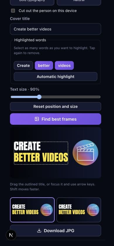 Controles de portada de PromptFy Web en inglés con better y videos seleccionados, tamaño al 90% y el icono de PromptFy en lugar de una persona.
